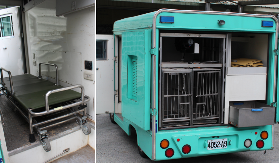 車上有硬擔架與軟擔架給受傷的動物使用，若是到了現場動物已經死亡也有獨立冷藏櫃(右下)，不會和活體動物放在一起。　李娉婷/攝